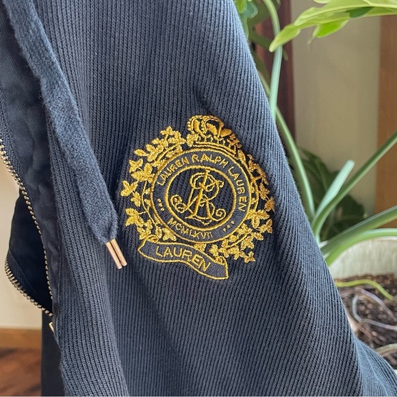 Lauren Ralph Lauren Black Half-Zip Funnel Neck Sweatshirt with Gold Crest Emblem - Picture 4 of 12